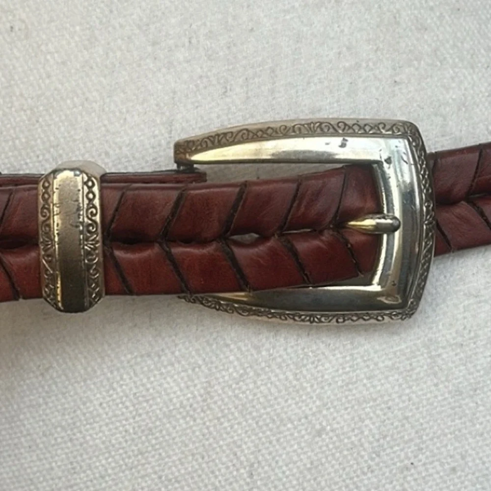 Brighton Brown Braided Leather Belt with Metal Medallions Size L